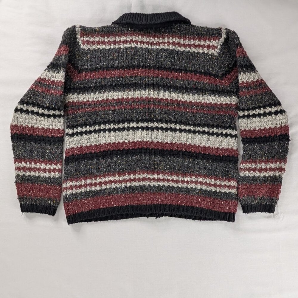 VTG Maroon Black Gray Stripe Chunky Knit Cotton Wool Button Up Collared Sweater - Picture 3 of 6